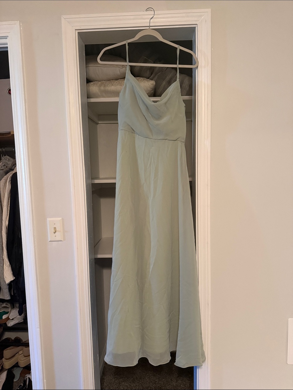 Azazie Sage Green Cowl Neck Spaghetti Strap Maxi Dress